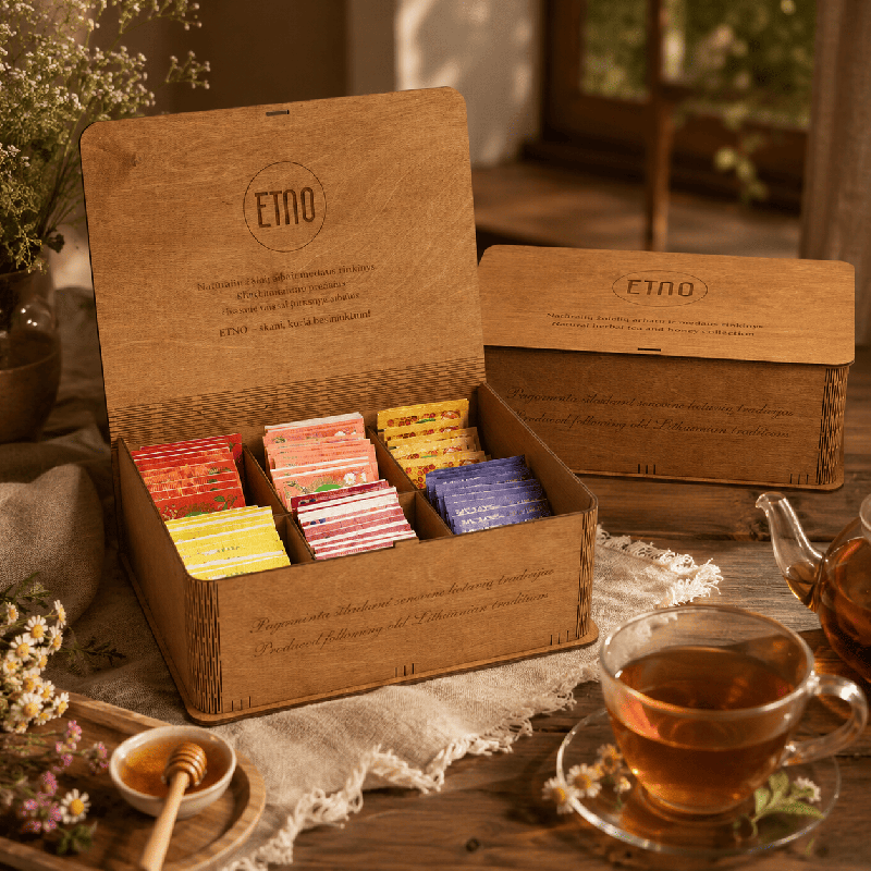KOMPLEKTS — zāļu tējas un medus, koka kastītē, ETNO, 60 gab.